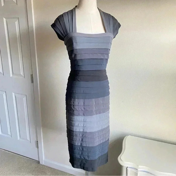 Tadashi Shoji Grey Ombre Shutter Bandage Layered Gradient Midi Dress Size Small - Picture 1 of 10